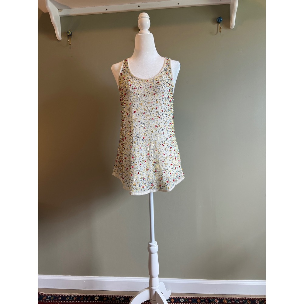 Sam Edelman Beaded Sequin Mesh Racerback Tank Top White Multi XS - Picture 4 of 6